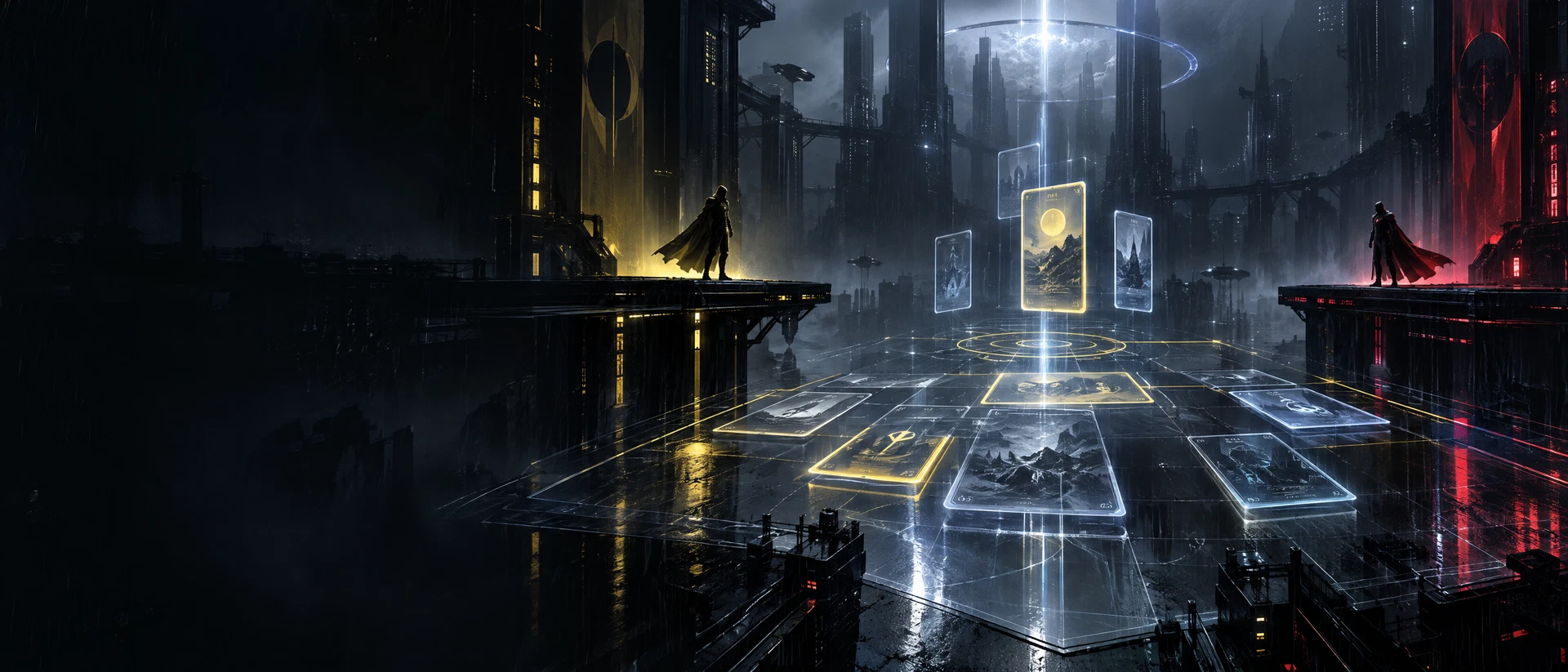 Original concept art of two anonymous opponents facing off across a neon tactical grid